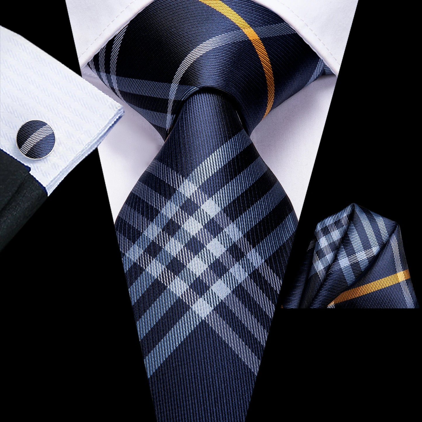 Hi-Tie Fashion 8.5cm Black Plaid Dots Men's Elegant Tie Handkerchief Cufflinks Set Wedding Party Accessories Gift for Men Gravat
