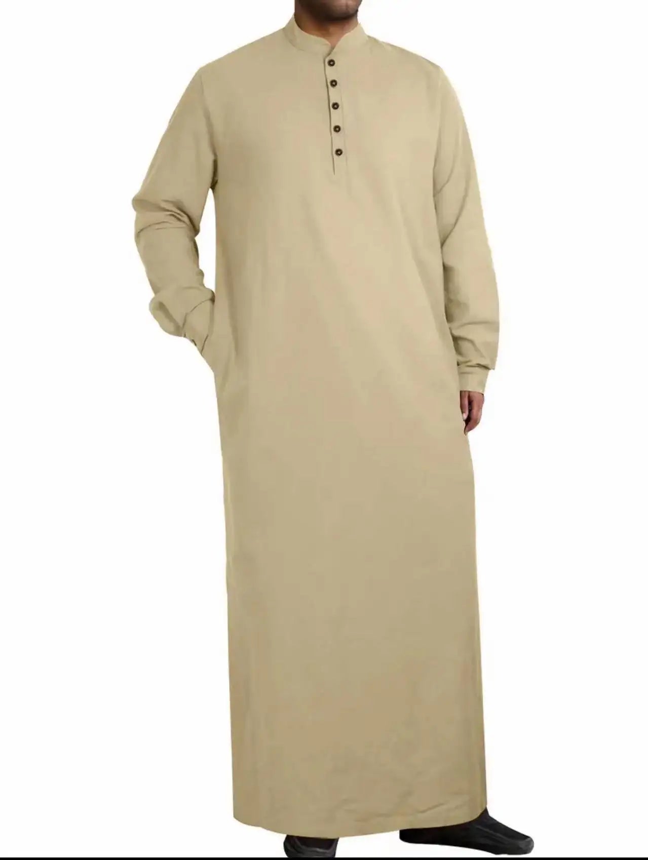 Simple Arabic Thobe for Men Long Stand Collar Button Down Robe Islamic Muslim Jubba Casual Prayer Wear