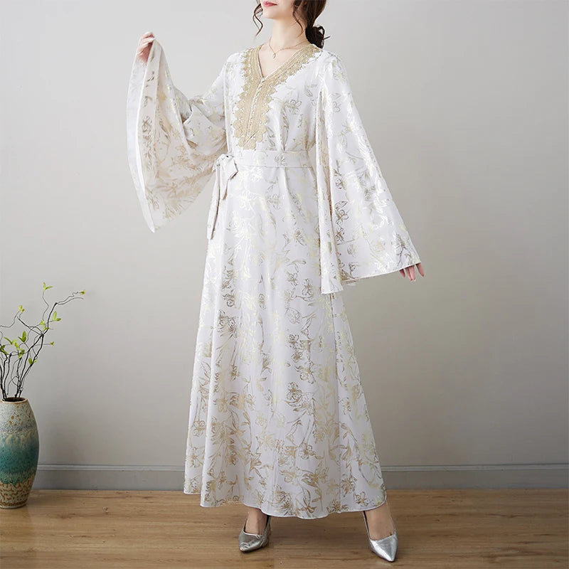 Middle East Ethnic Long Robe V-Ne Gold Emed New Sle Dr Tang Suit Waist Belt Mid-Length Skirt High Quali Ele ...