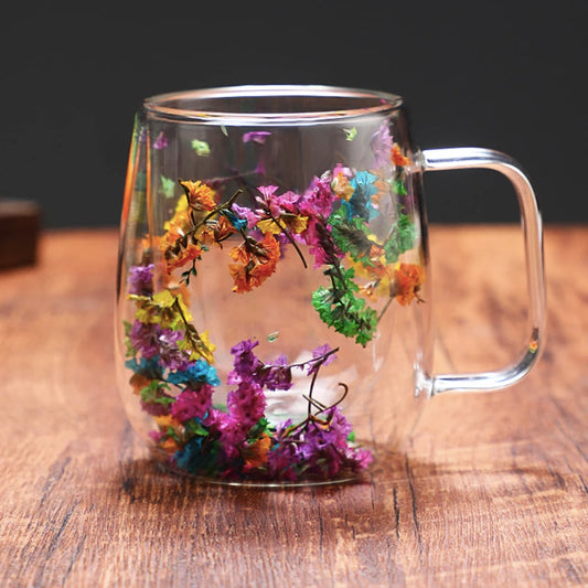 Dried Flower Coffee Mug Double Wall Glass Cup Home Party Cups Cafe Tea Milk Juice Cups For Mother Gift Girls Christmas Gifts