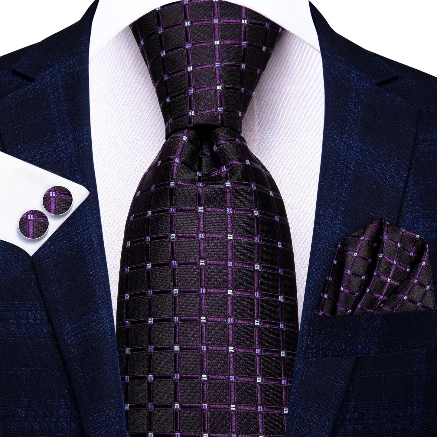 Hi-Tie Fashion 8.5cm Black Plaid Dots Men's Elegant Tie Handkerchief Cufflinks Set Wedding Party Accessories Gift for Men Gravat
