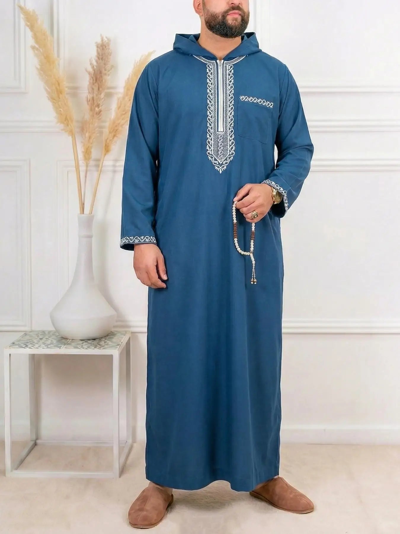 Muslim Men's Black Hooded Zippered Embroidered Robe for Festival Prayer And Worship Clothing