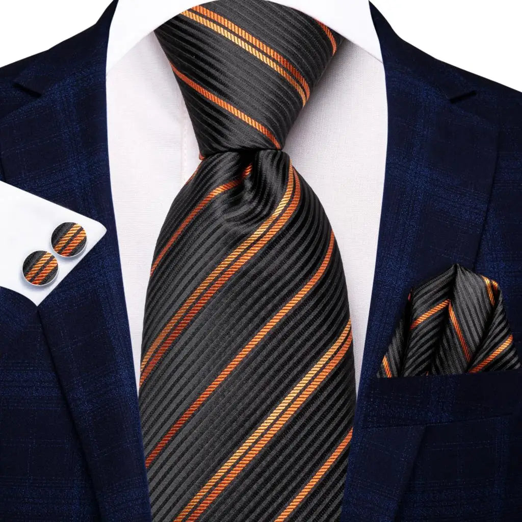 Hi-Tie Men Fashion Striped Navy Blue Necktie Handkerchief Cufflinks for Tuxedo Accessory Classic Silk Luxury Tie for Man Gift