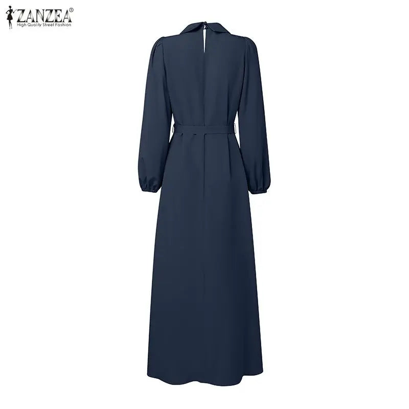 Elegant Muslim Dress Abaya ZANZEA Women 2025 Autumn Dresses Long Lantern Sleeve Pleated Sundress Belted Robe Femme Party Vestido