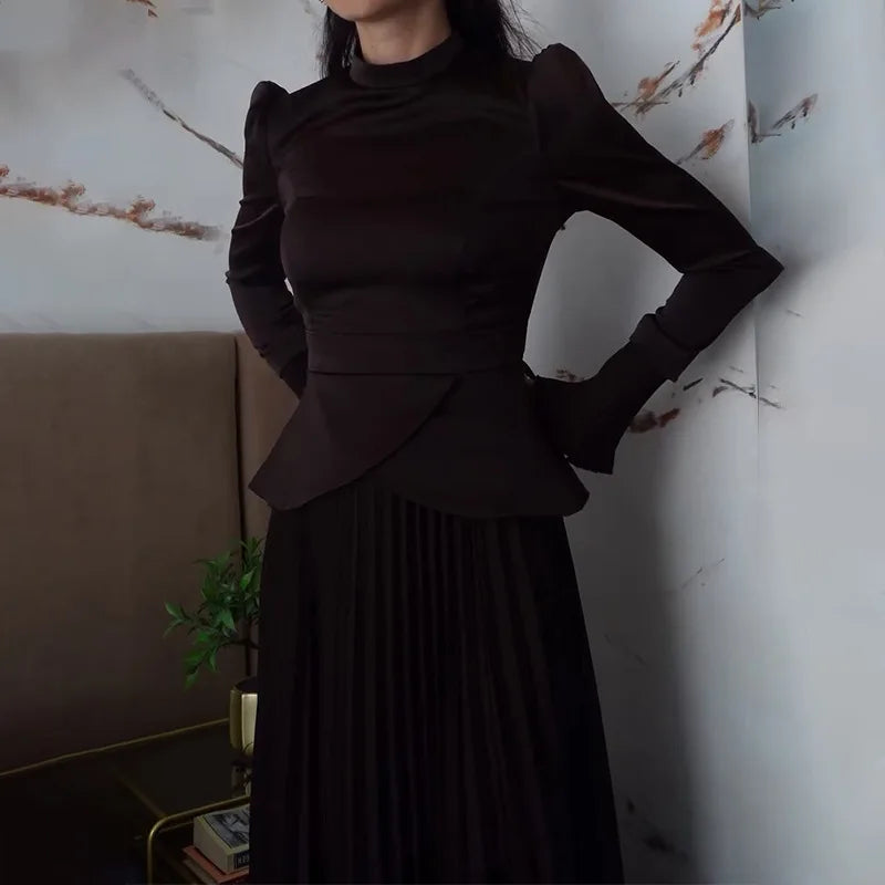 Long Skirt Suit Women Muslim 2 Piece Sets Top Pleated Skirts Modest Outfits Dubai Ramadan Irregular Tops Lace Up Ensemble 2025