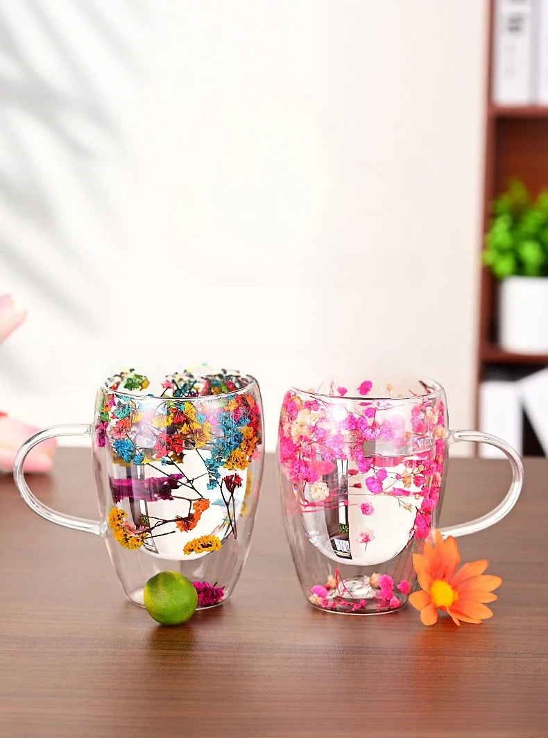 350ml Double Wall Espresso Coffee Cup Handle Flower Pattern Creative Transparent Hot Iced Beverage Beer Whisky Wine Glass Mug