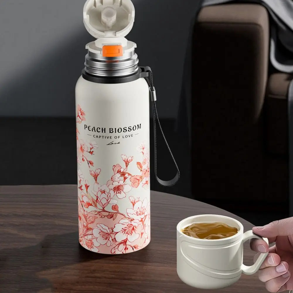 620ml Flower Pattern Thermos Bottle with Filter Stainless Steel Travel Mug Large-capacity Double Wall Thermal Cup Travel