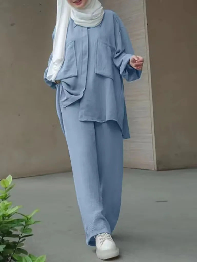 Women Casual Muslim Suit Solid Abaya Eid Ramadan Long Sleeve Blouse+Pants 2 Piece Set Dubai Turkey Kaftan Women Islamic Clothing