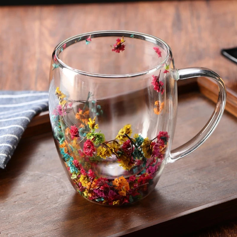 350ml Double Wall Glass Coffee Mug with Handles Clear Milk Cups Gifts Glass Cup Fill Artificial Simulation Flowers Teacup Gift
