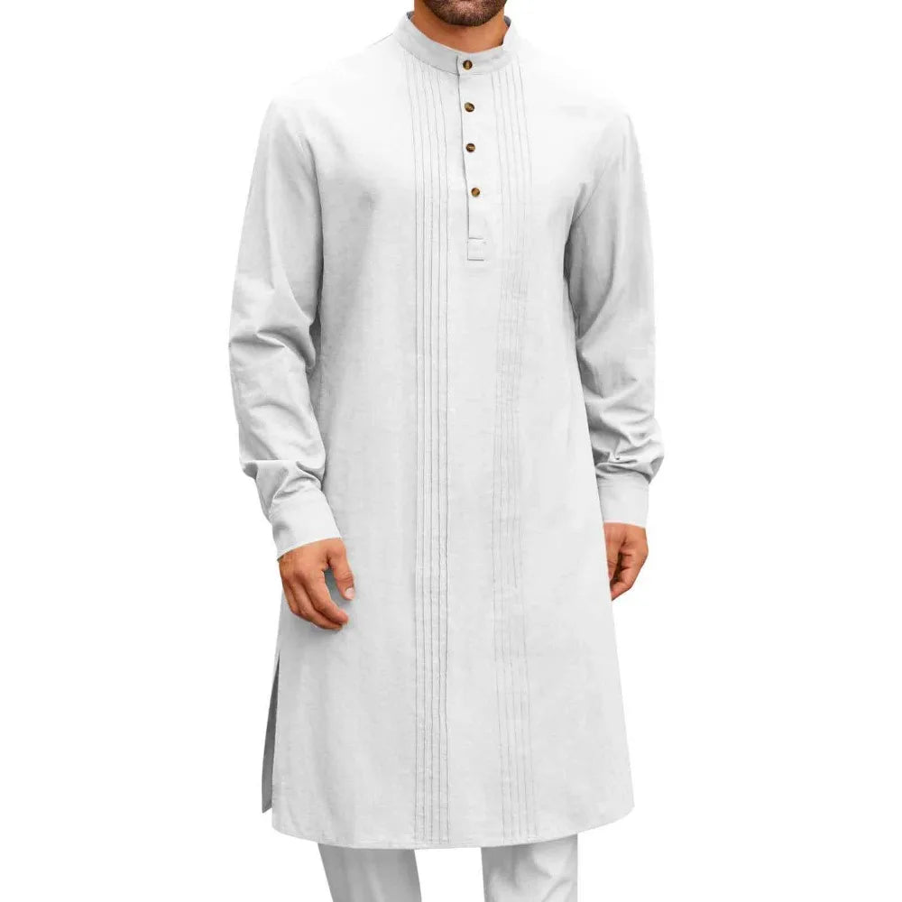 Men's Arabic Style Long Shirt - Minimalist Thobe Robe Shirt, Modern Traditional Muslim Wear for Casual & Prayer
