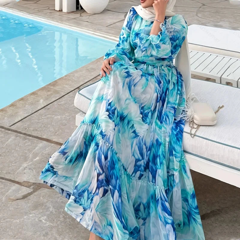 Eid Women Dress Abaya Muslim Boho Tie Dye Print Maxi A-line Ramadan Jalabiya Dubai Long Robe Kaftan Islam Vestidos Largos 2025