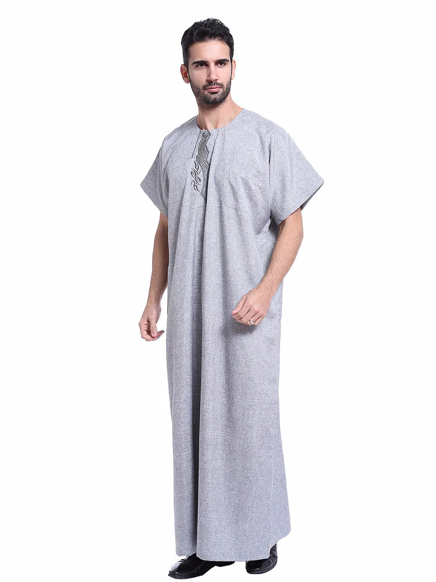 Muslim Kaftan for Men Round Collar Blue White Spring Elegant Robe Arab Vintage Long Sleeves Thobe Robe Turkey Embroidered