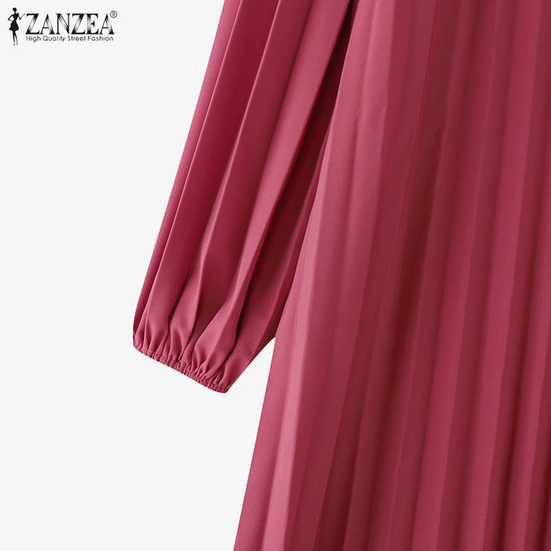 ZANZEA Women Muslim Fashion Dresses Elegant Long Lantern Sleeve Loose IsIamic Vestidos Kaftan Solid Pleated Sundress Robe Femme