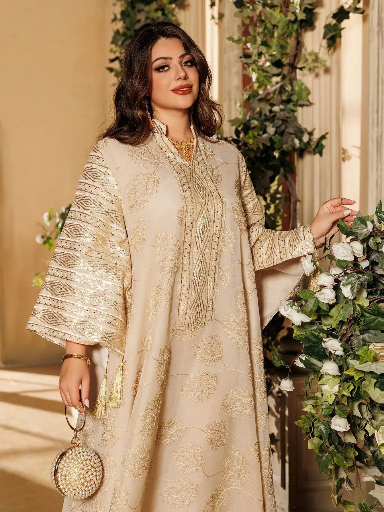 Elegant Light Green Abaya for Islamic Ladies Intricate Gold Embroidery and Tassel Accents Perfect for Festivities in Middle East