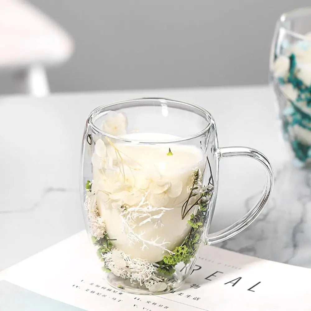 Dried Flowers Double Walled Coffee Mug 350ml Dried Flowers Glass Mugs Unique Creative Flower Mug with Handle Anti-Scalding Mug