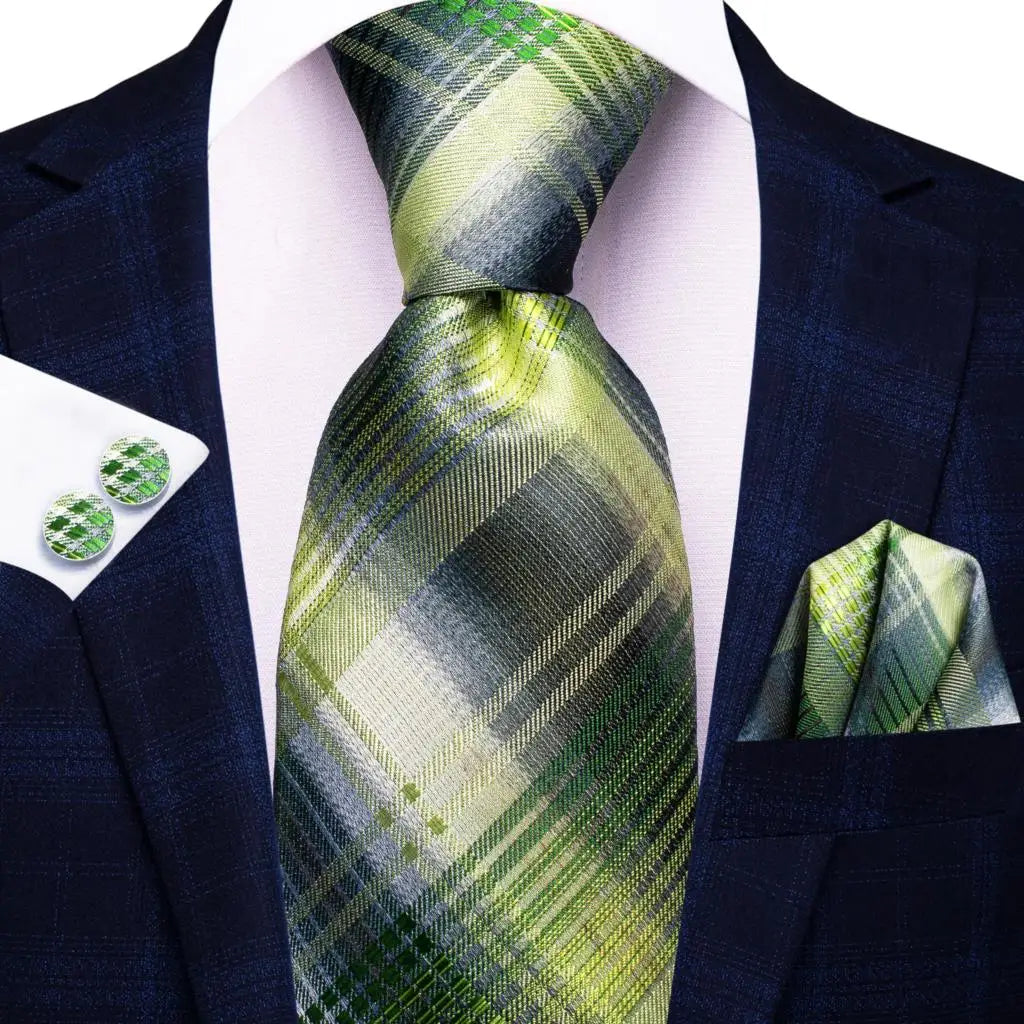 Hi-Tie Plaid Silk Tie For Men Elegant Mens Blue Grey Necktie Pocket Square Cufflink Groom Wedding Accessory Wholesale Designer