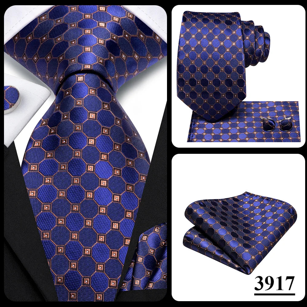 Hi-Tie Fashion 8.5cm Black Plaid Dots Men's Elegant Tie Handkerchief Cufflinks Set Wedding Party Accessories Gift for Men Gravat