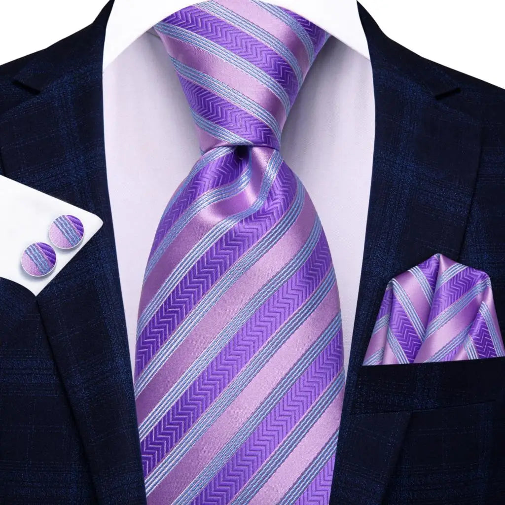 Hi-Tie Men Fashion Striped Navy Blue Necktie Handkerchief Cufflinks for Tuxedo Accessory Classic Silk Luxury Tie for Man Gift