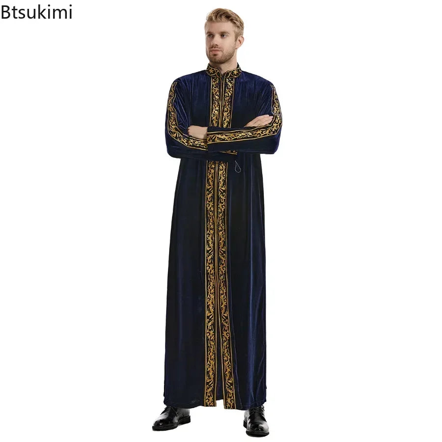 Muslim Men Jubba Thobe Islamic Clothing Velvet Kaftan Thoub Arabic Saudi Robe Dress Jubah Caftan Thawb Ramadan Gown Middle East