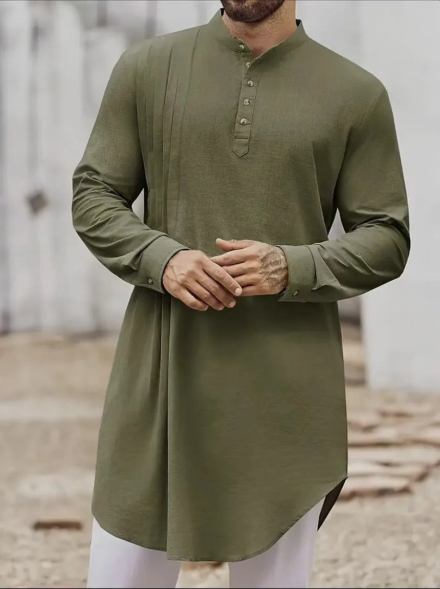 2025 New Muslim Middle East Arab Malaysia Men's Button Cotton Line Shirt Muslim Robe