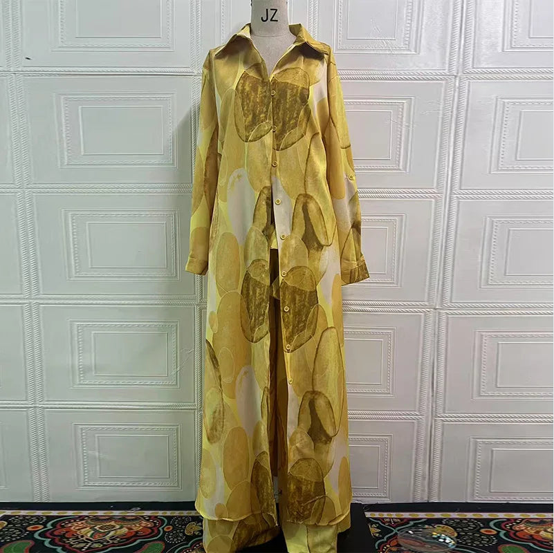 Eid Muslim Suits Women Print Blouses Wide Leg Pants Set Two Piece Musulman Ensemble Dubai Arabic Morocco Islam Casual Ramadan