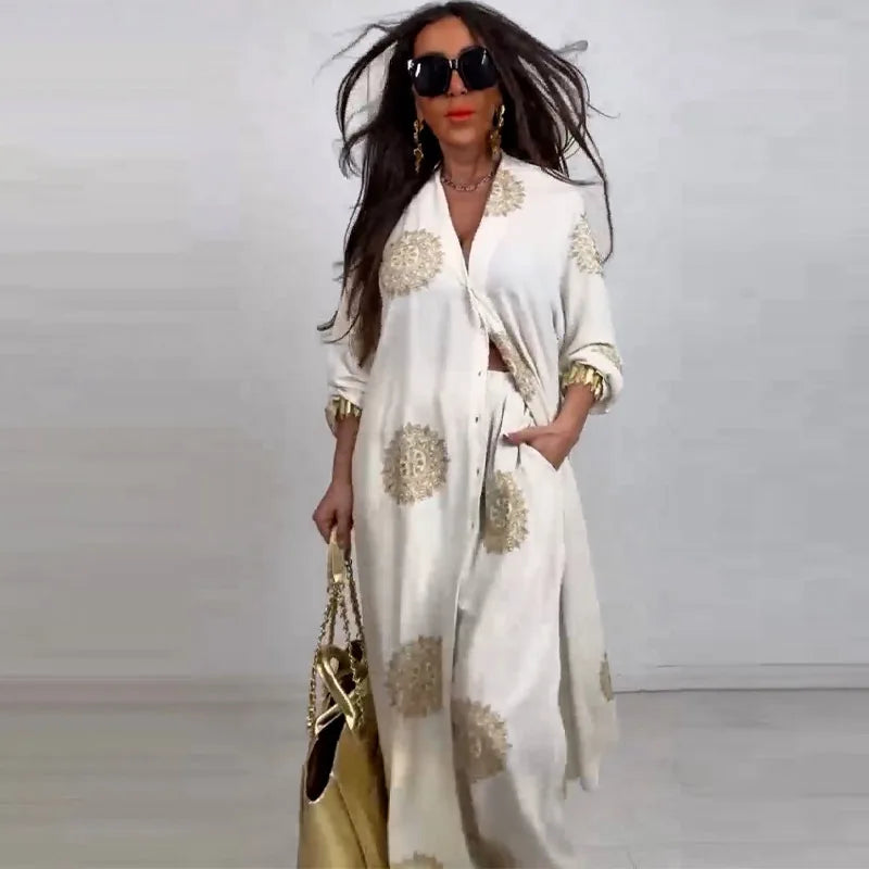 Long Coat 2 Piece Set Women Print Cardigan Wide Leg Pants Suit Ramadan Muslim Morocco Ensemble Dubai Islam Casual Arabic Outfits