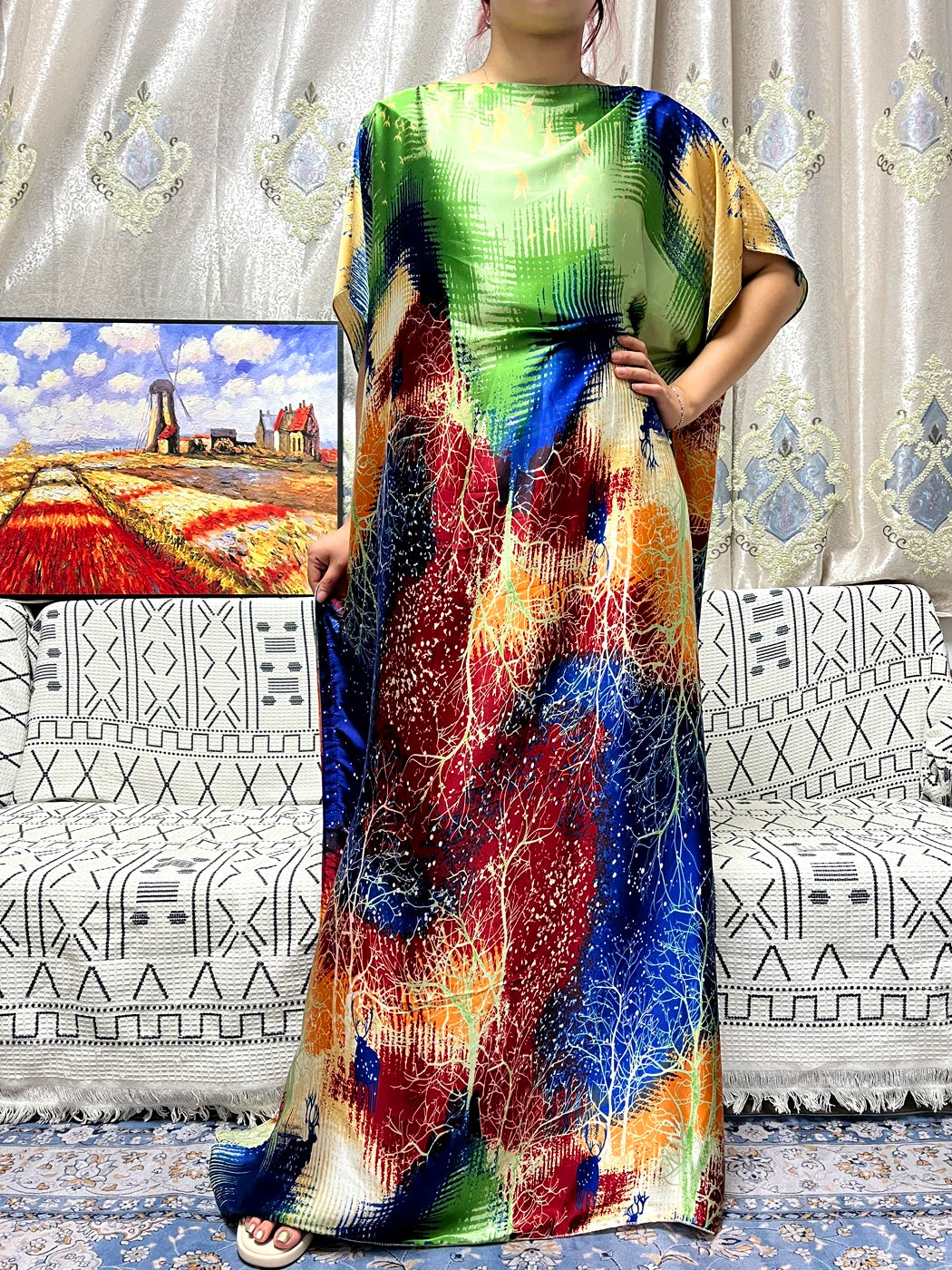 Abayas For Women 2023 Printed Silk Soft Loose Femme Robe Muslim Summer Fashion Clothing African Islam Woman Dresses With Turban