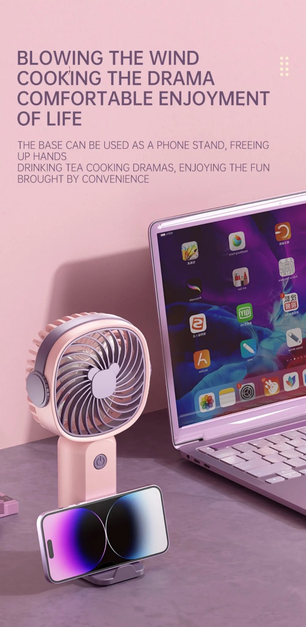 Mini Outdoor Handheld Fan with Desktop Phone Holder 3-speed Adjustable Wind Speed Portable Desktop Fan USB Charging Electric Fan