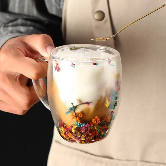 350ml Double Wall Glass Coffee Mug with Handles Clear Milk Cups Gifts Glass Cup Fill Artificial Simulation Flowers Teacup Gift
