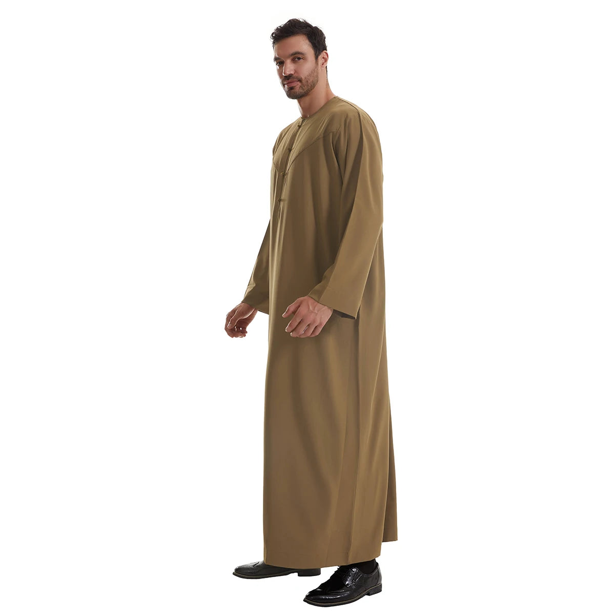 TH839 Men's Muslim Middle Eastern Men Long Sleeves Pure Color Buckle Robe Ramadan Eid Jubba Thobe