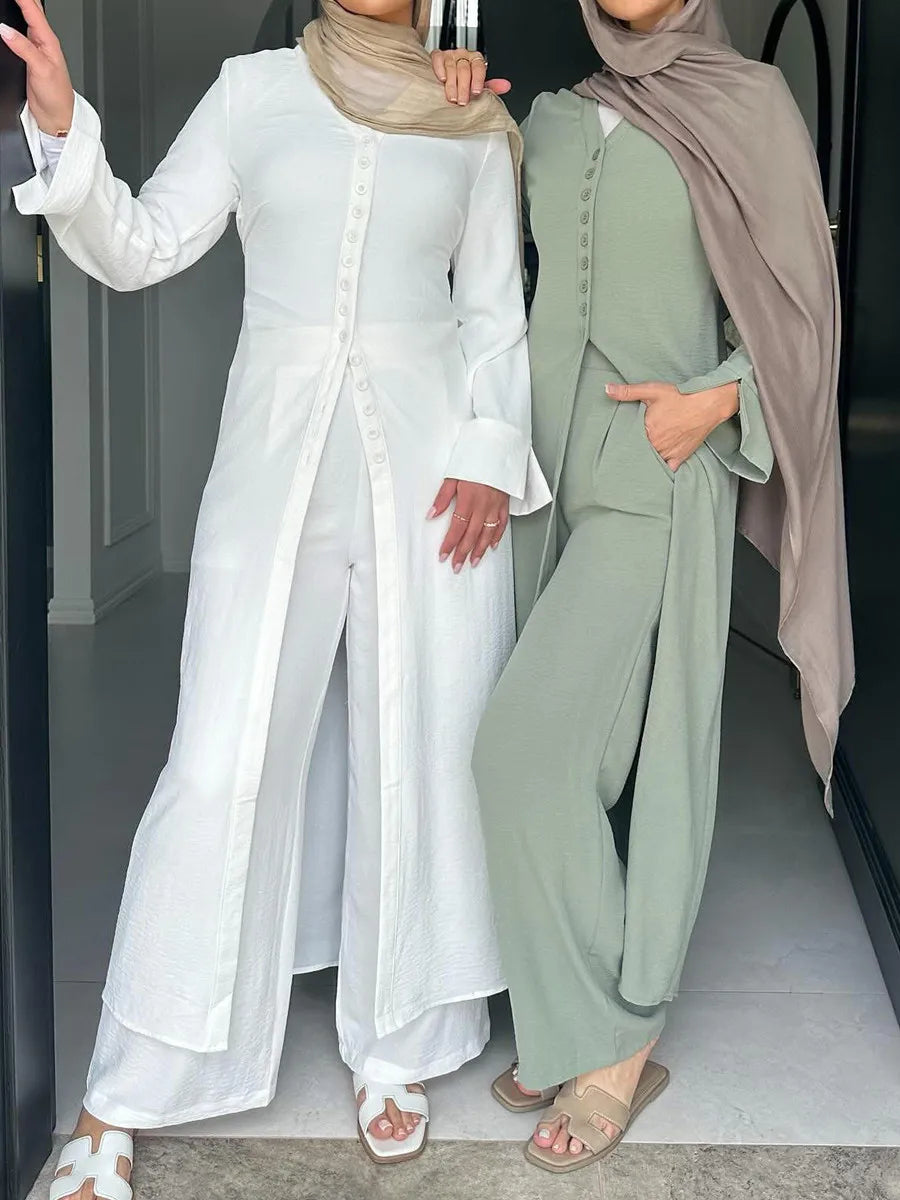 Muslim Dubai Türkiye Abayas For Women solid color Long Dresses buckle two-piece set Modest Ramadan Robe Femme Islam Clothing Set