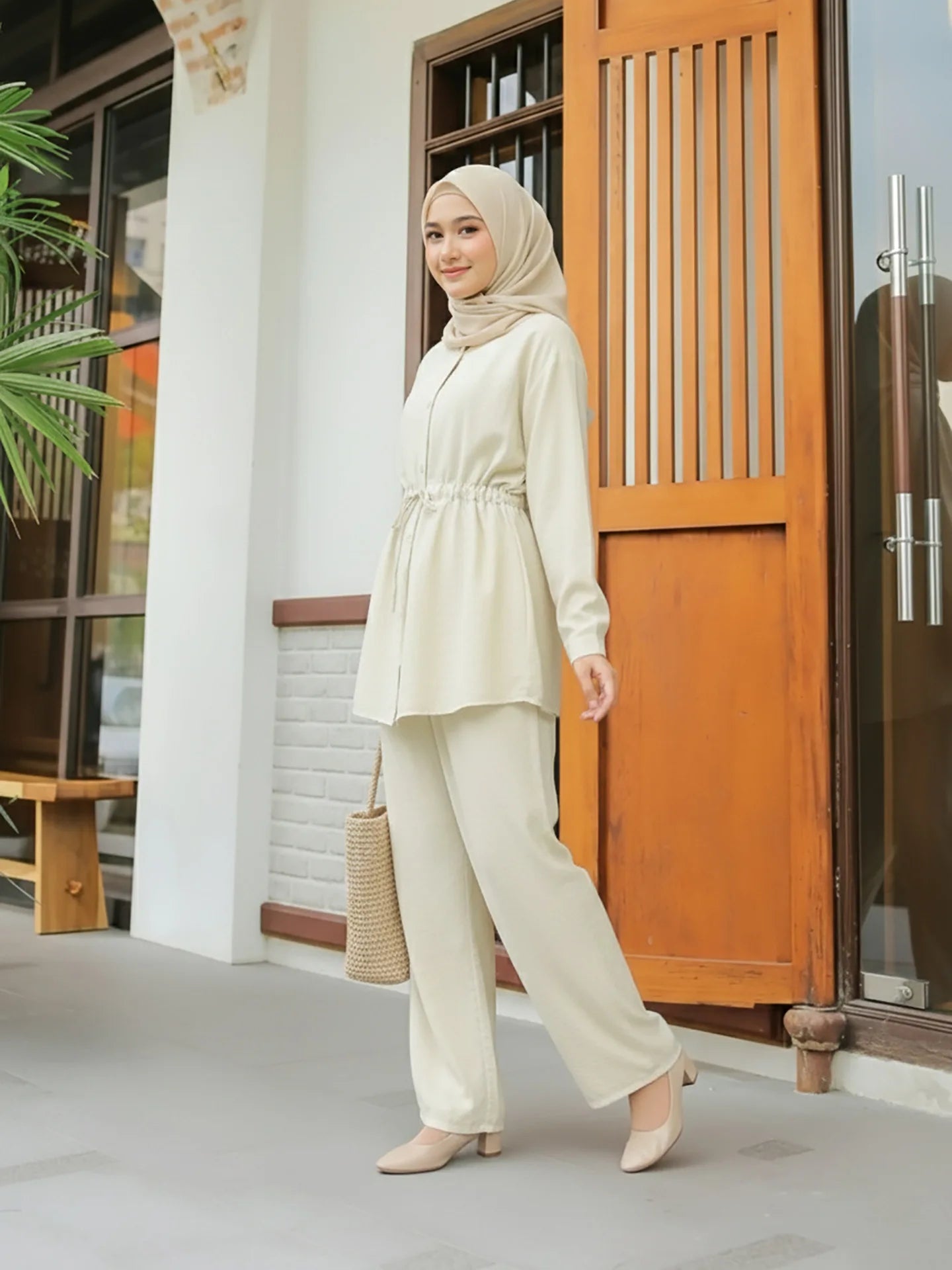 Turn Down Collar Rope Laced 2 Piece Set Women Clothing Wide Leg Pants Ramadan Prayer Dubai Islamic Clothes Turkish Abaya