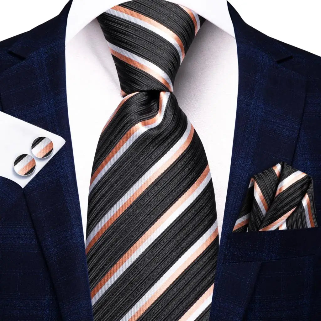 Hi-Tie Men Fashion Striped Navy Blue Necktie Handkerchief Cufflinks for Tuxedo Accessory Classic Silk Luxury Tie for Man Gift