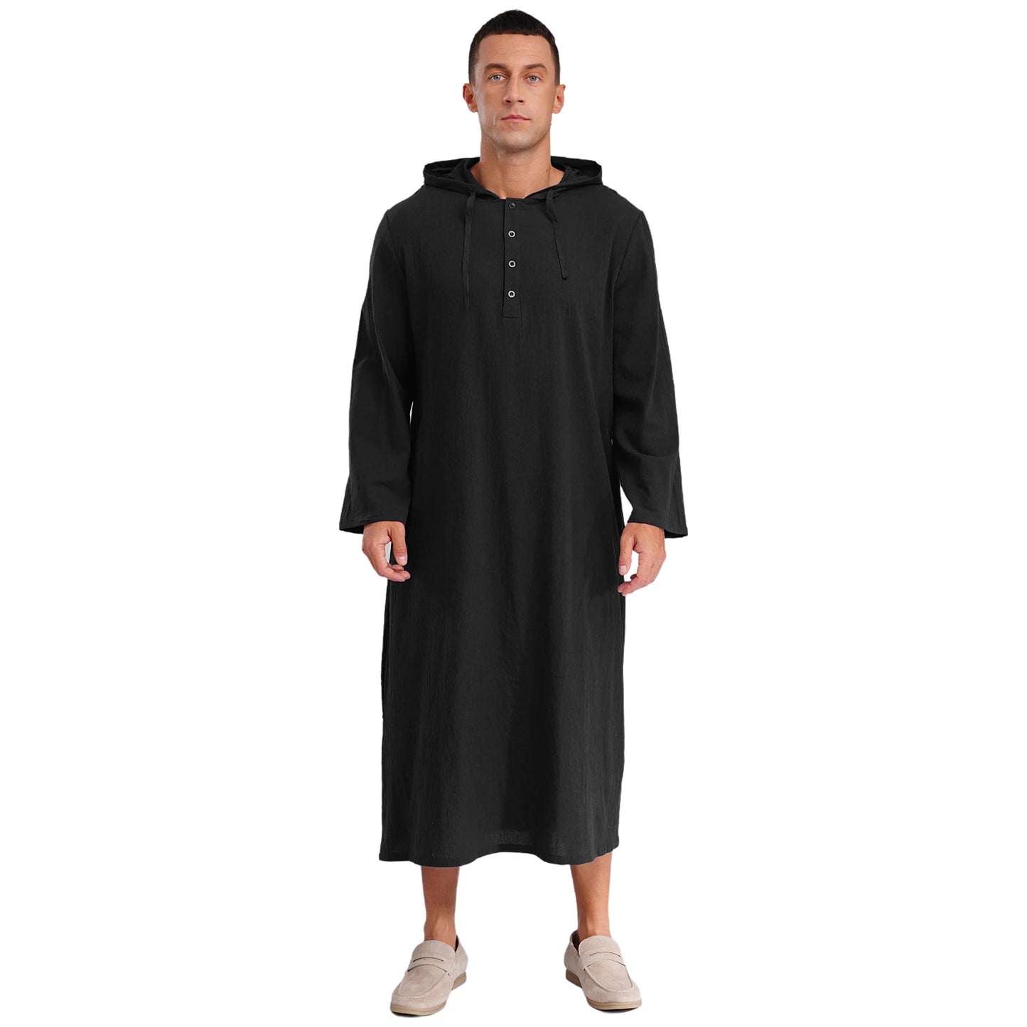 Mens Jubba Thobes Linen Muslim Robe Hooded with Pockets Middle East Islam Arabic Moroccan Kaftan Eid Prayer Long Robe Dress