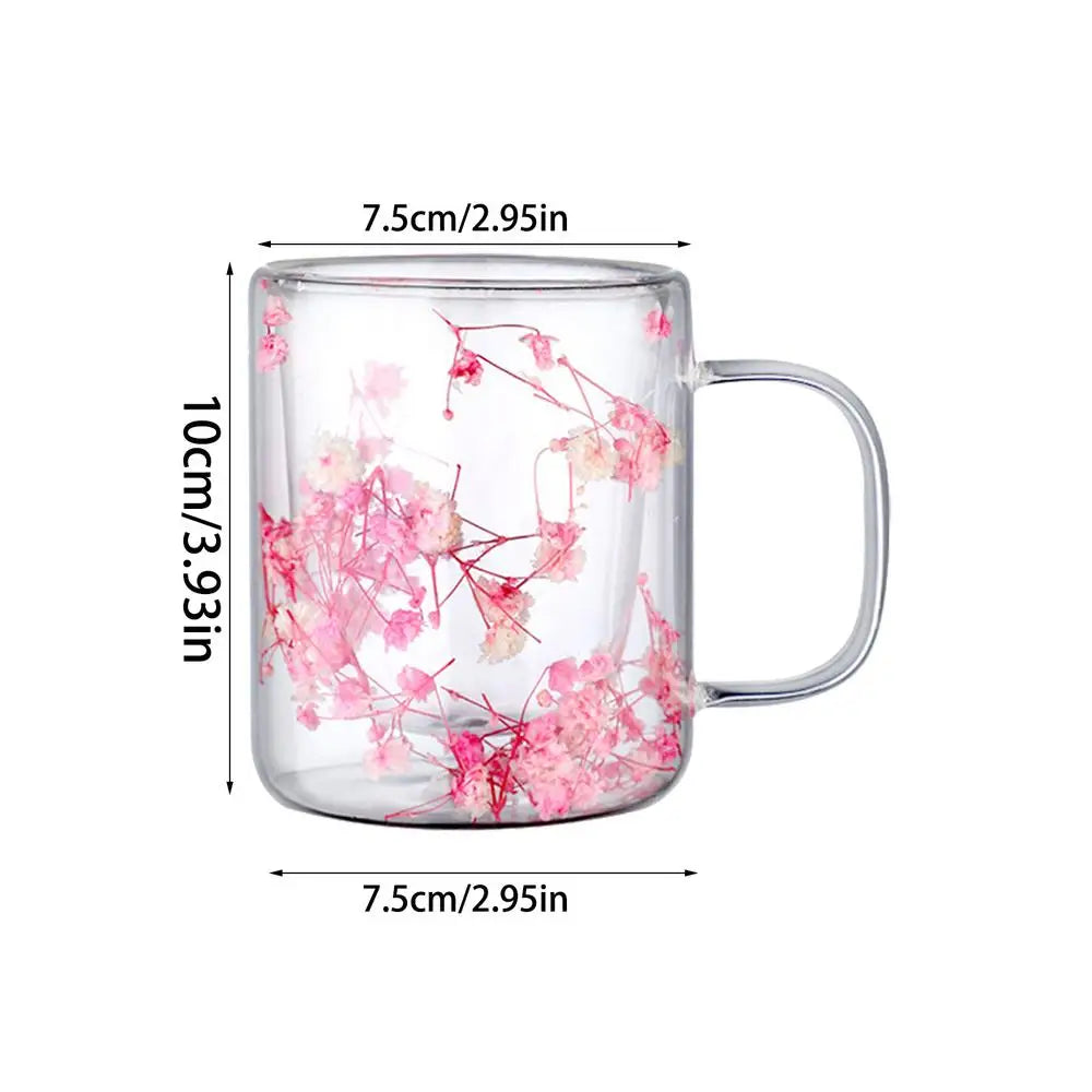 250ml Double Wall Glass Coffee Mug Dried Flowers Heat-Resistant Glasses Cup Flower Glass Mug Flower Decorated Coffee Cup tea cup