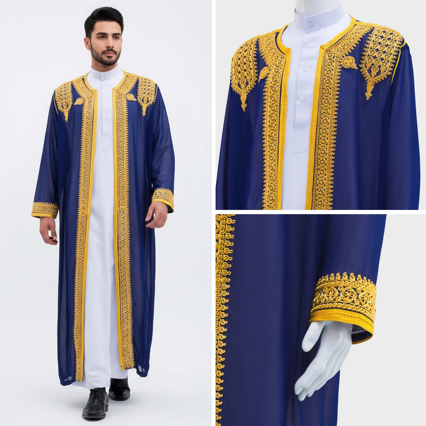 Middle Eastern Traditional Arabic Men's Robe Embroidered Thobe Thoub Dishdasha Jubba Eid Djellaba Open Kimono Abaya Saudi Robes
