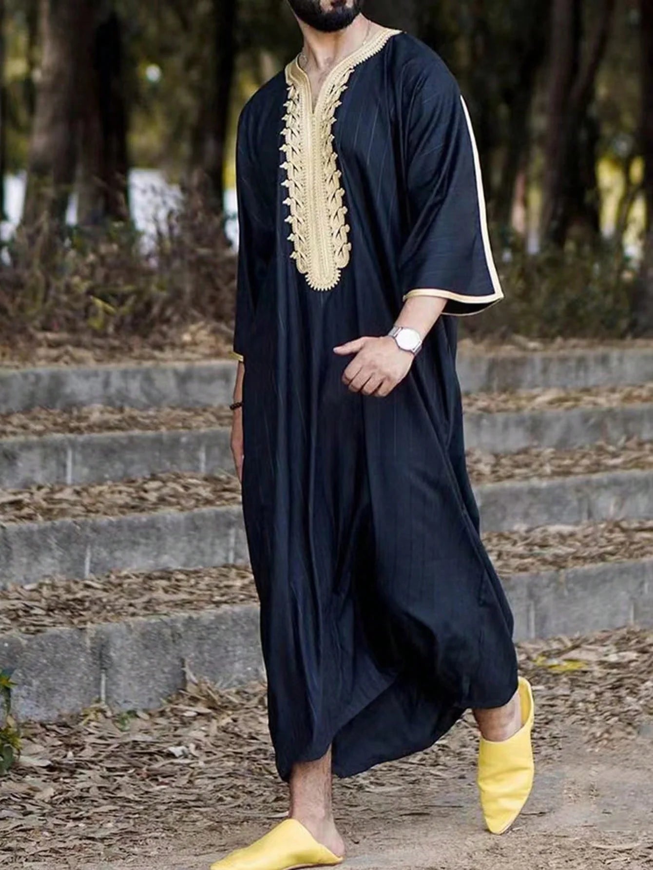 Moroccan Hand Embroidered Islam Kaftan Muslim Men's Clothing Loose Breathable Djellaba Abaya Thobe Summer Caftan