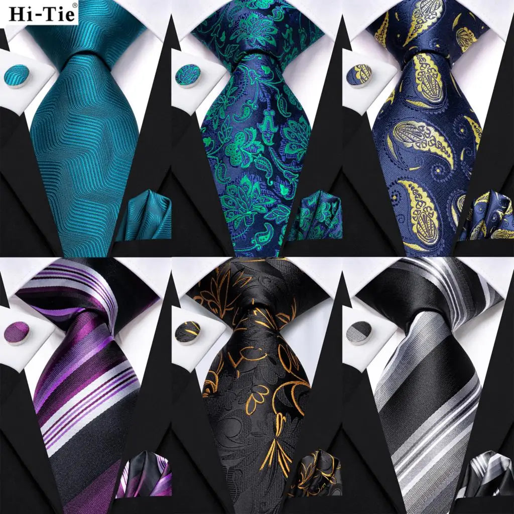 Hi-Tie Teal Green Floral Mens Fashion Necktie Handkerchief Cufflinks for Tuxedo Accessory Classic Silk Luxury Tie for Man Gift