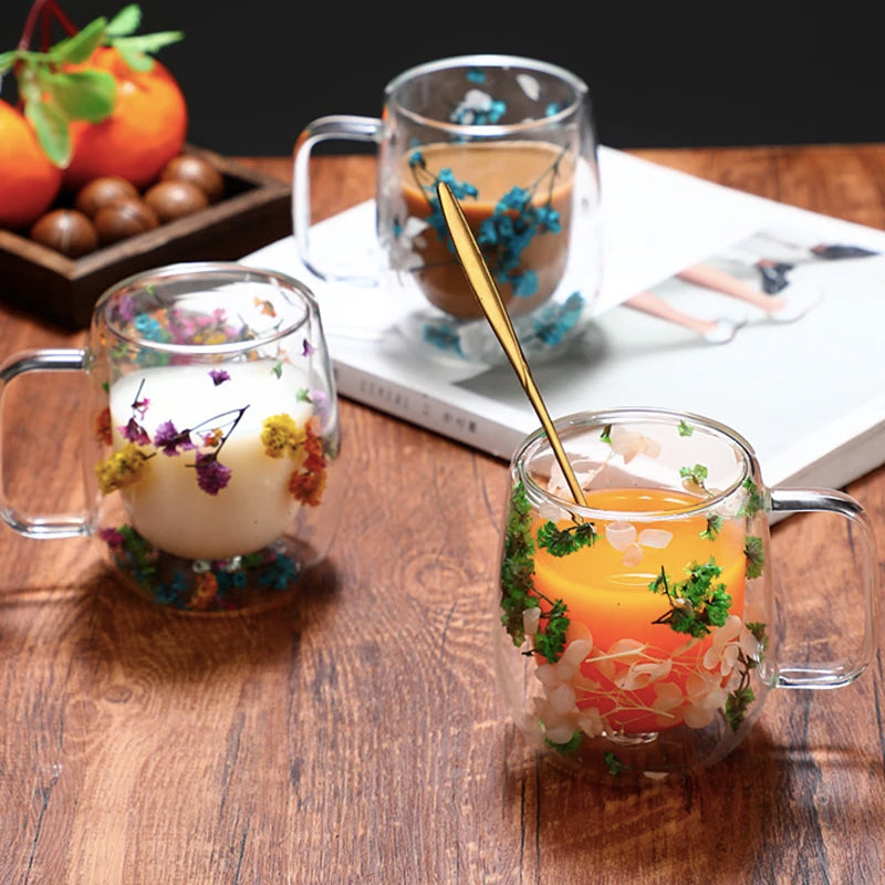 Dried Flower Coffee Mug Double Wall Glass Cup Home Party Cups Cafe Tea Milk Juice Cups For Mother Gift Girls Christmas Gifts