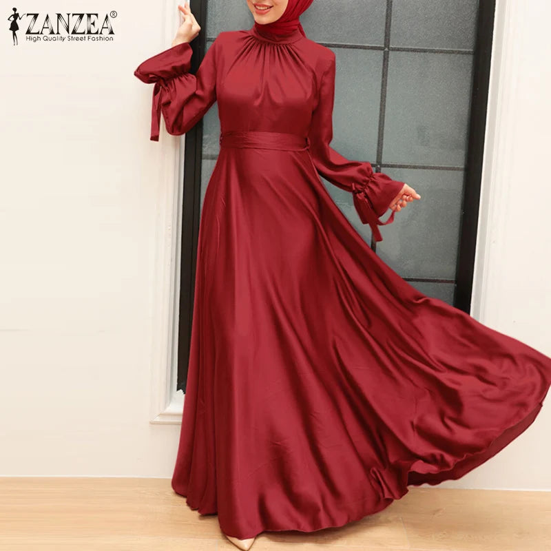 Elegant Muslim Dress Abaya Women Long Dress 2025 ZANZEA Long Sleeve Satin Party Sundress Robe Femme Turkey Hijab Vestidos Kaftan