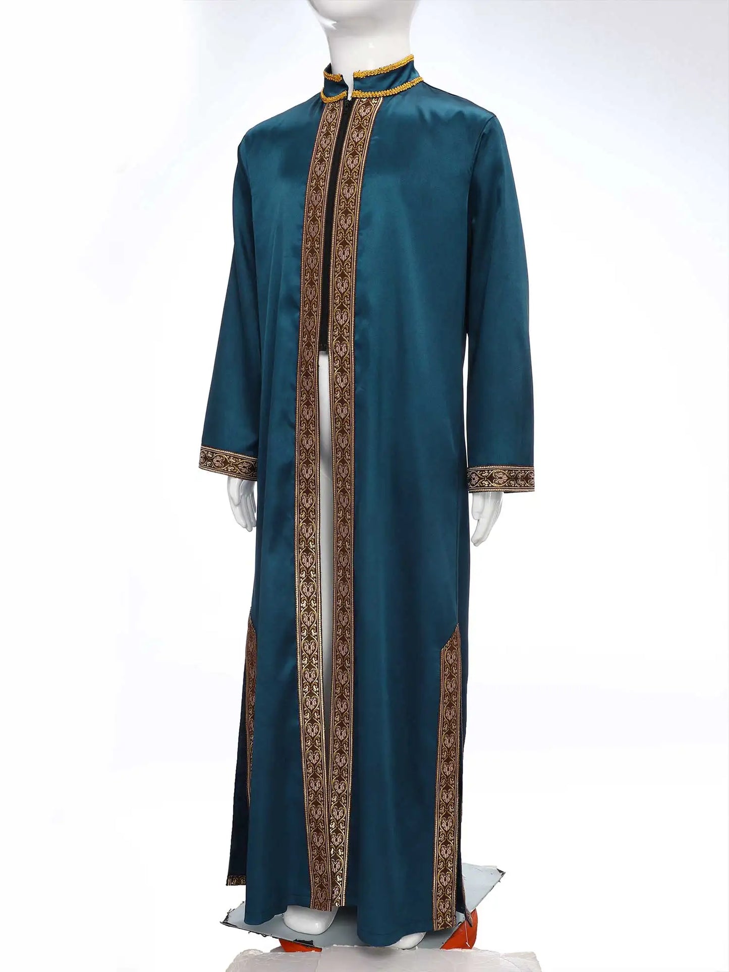 Boys Gold Embroidery Maxi Muslim Thobe Kaftans Arab Gown Islamic Robe Cosplay Long Sleeves Coats Festival Holiday Costume