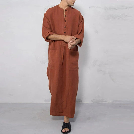 Men's Muslim Robes Solid Color Long Sleeve Cotton Pockets Robes Button-down Leisure Vintage Islamic Arab Kaftan Dubai Male New