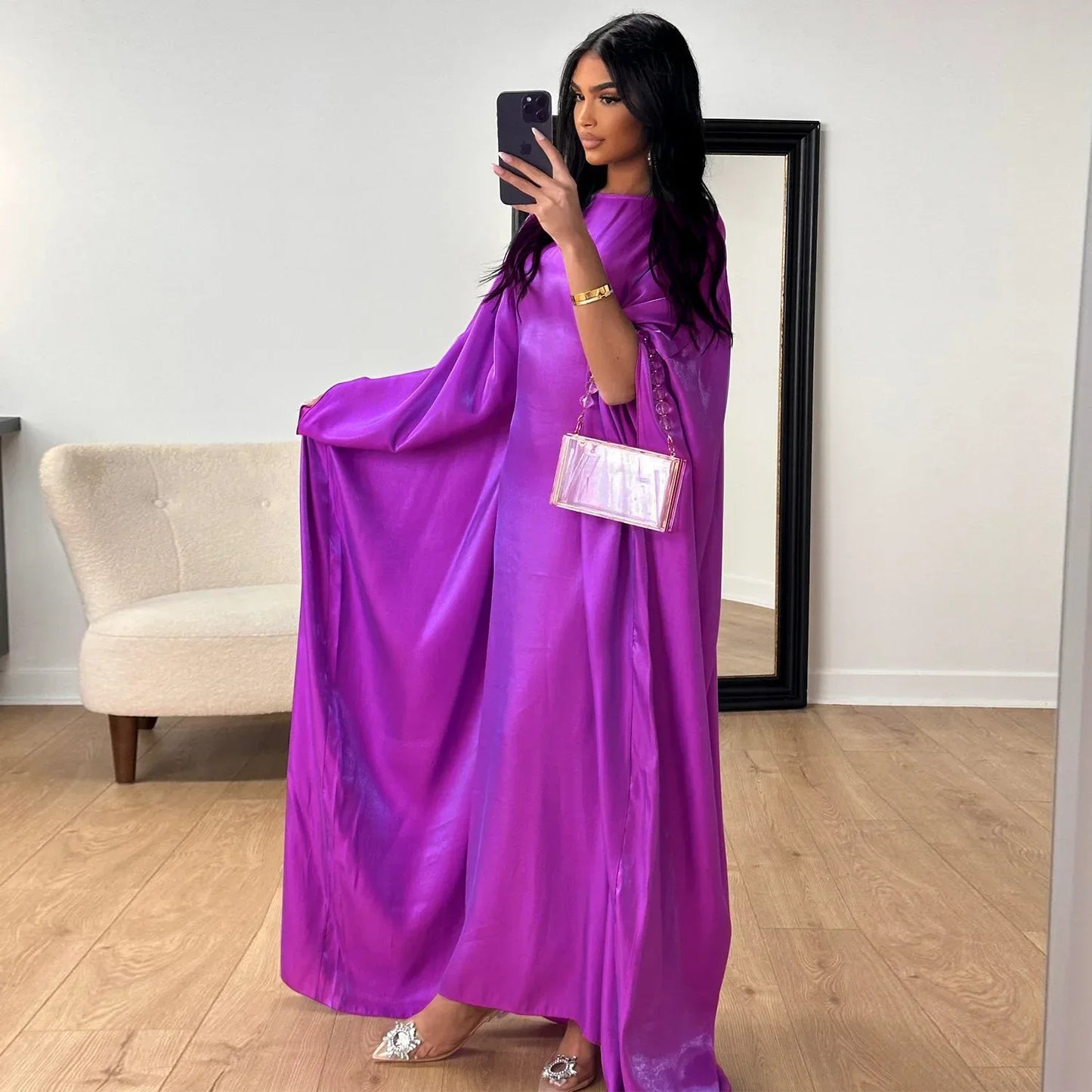 Ramadan Summer Batwing Sleeve Satin Butterfly Abaya Islam Muslim Maxi Dress Kebaya Women Kaftan Robe Musulmane Femme Vestidos