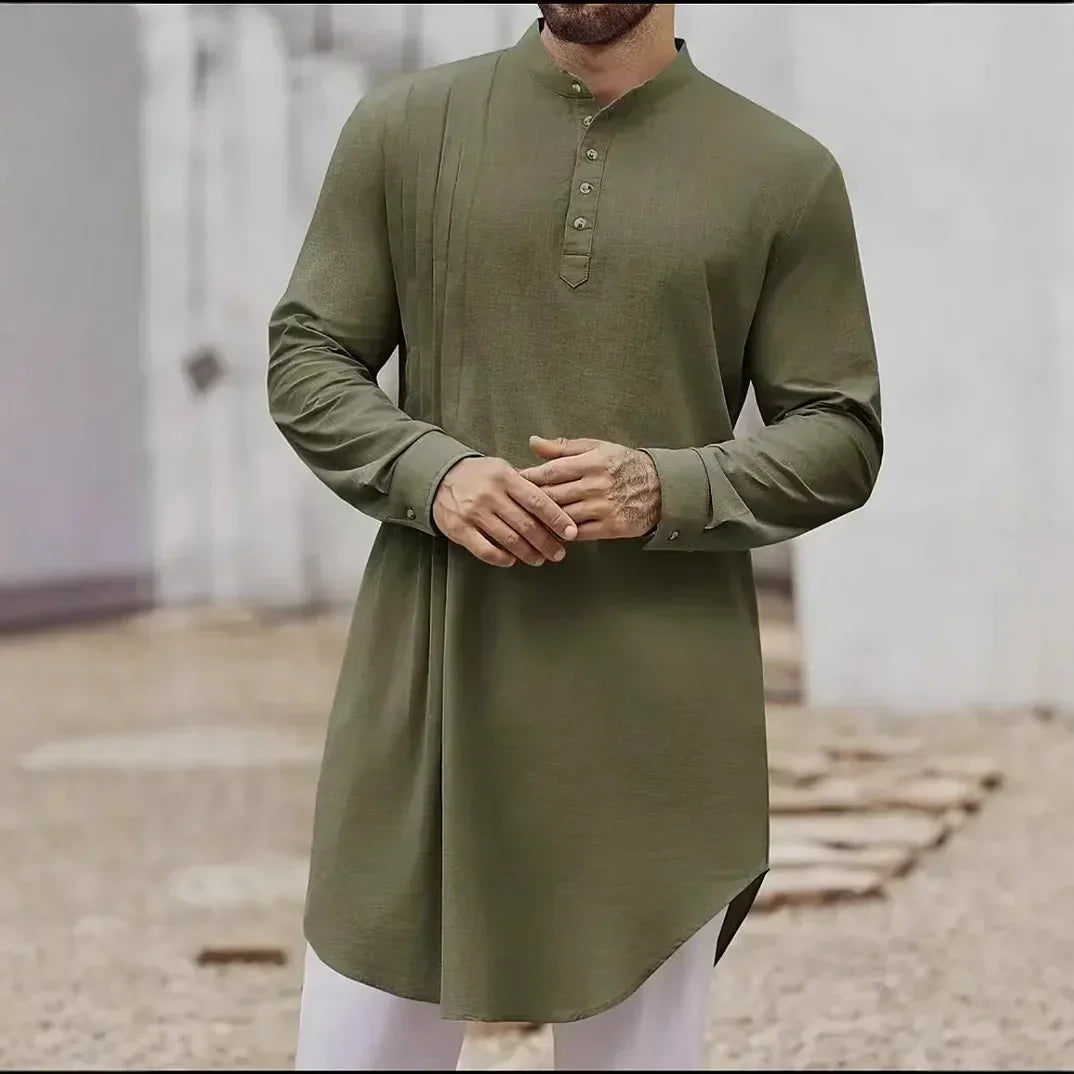 2025 New Muslim Middle East Arab Malaysia Men's Button Cotton Line Shirt Muslim Robe