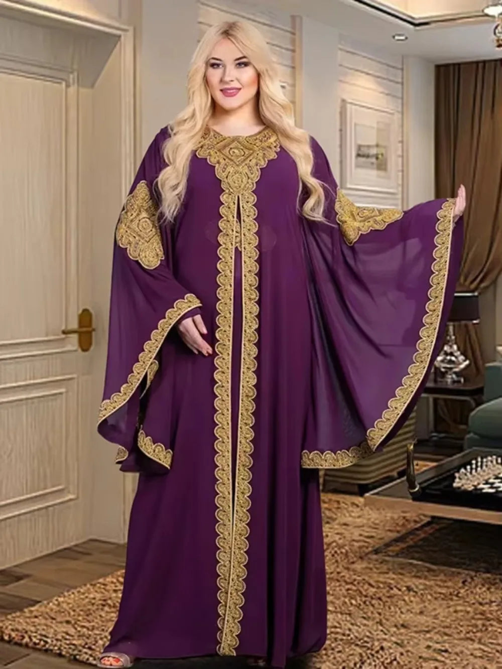 Women Abaya Party Dresses Muslim Caftan 2 Piece Set Eid Flare Sleeves Robe Embroidered Gold Lace Dress Suit Jalabiya Ramadan