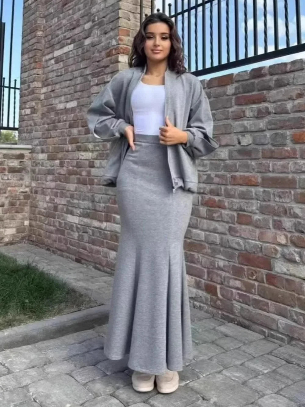 Women 2 Piece Set Coat Long Skirt Suit Zipper Jacket Morocco Dubai Islam Casual Ensemble Muslim Femme 2025 Skirts Outfits
