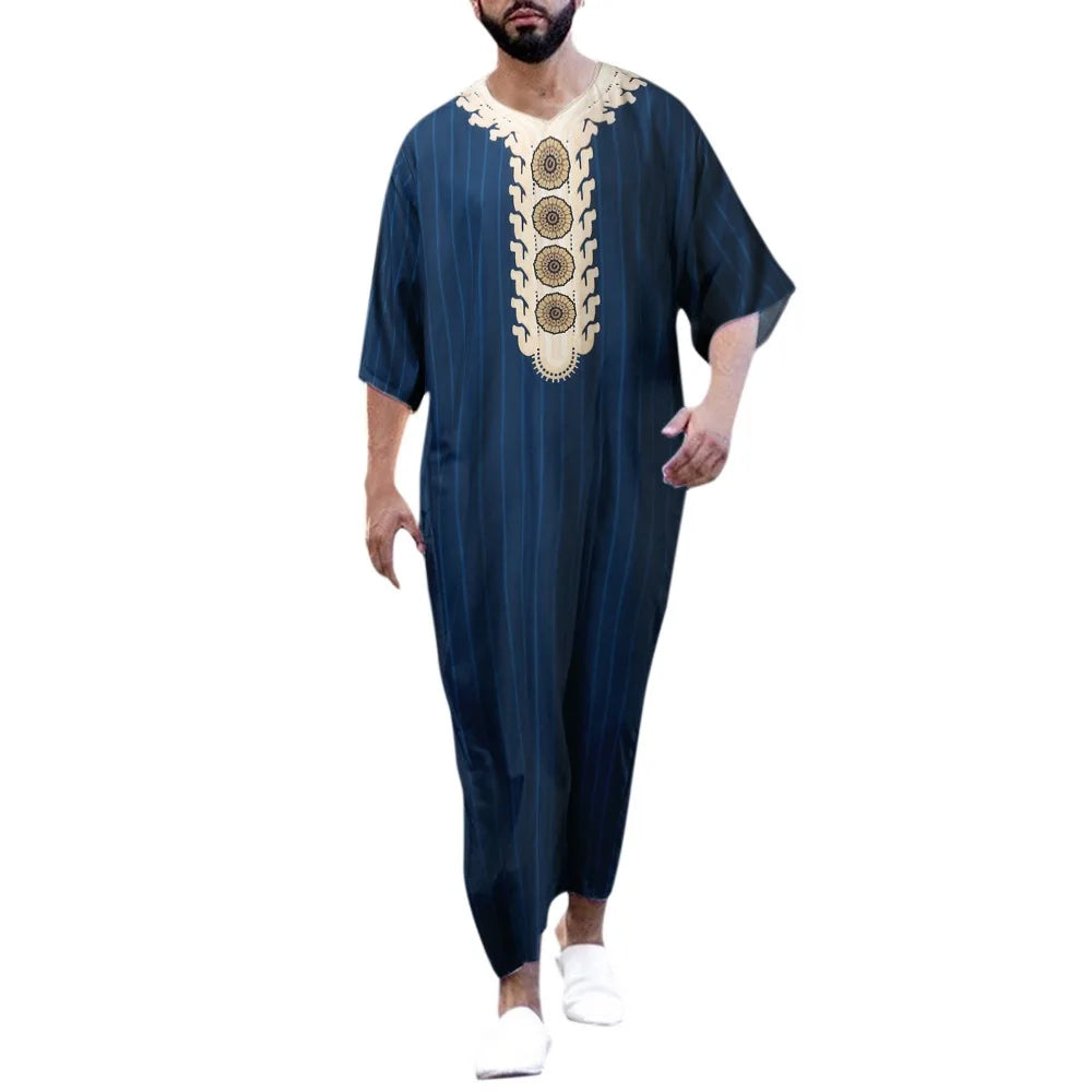 Men's Arabian Thobe - Summer V-Neck Short Sleeve Robe, Loose Fit Muslim Islamic Clothing for Casual Wear