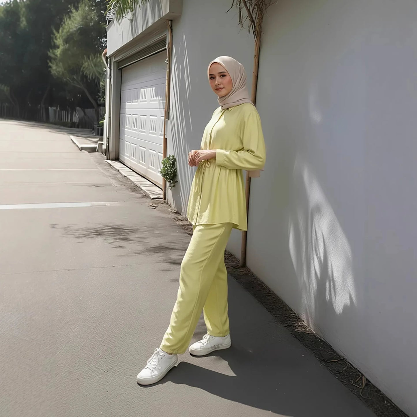 Turn Down Collar Rope Laced 2 Piece Set Women Clothing Wide Leg Pants Ramadan Prayer Dubai Islamic Clothes Turkish Abaya