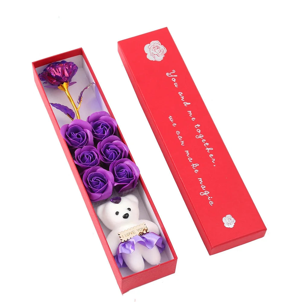 6Heads Flowers Soap Flower Gift Rose Box Valentines Day Gift Bears Bouquet Wedding Decoration Gift Festival Heart-shaped Box