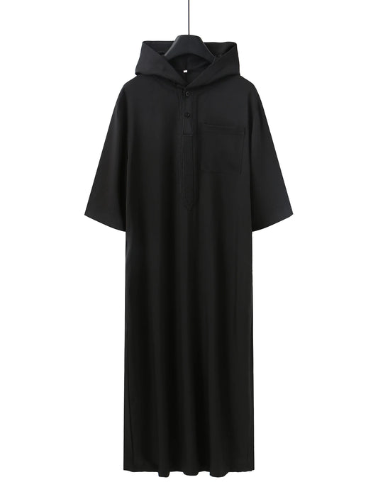 Muslim men's Thobes, short-sleeved hooded ethnic style embroidered Arabic robe, men's holiday casual traditional clothing